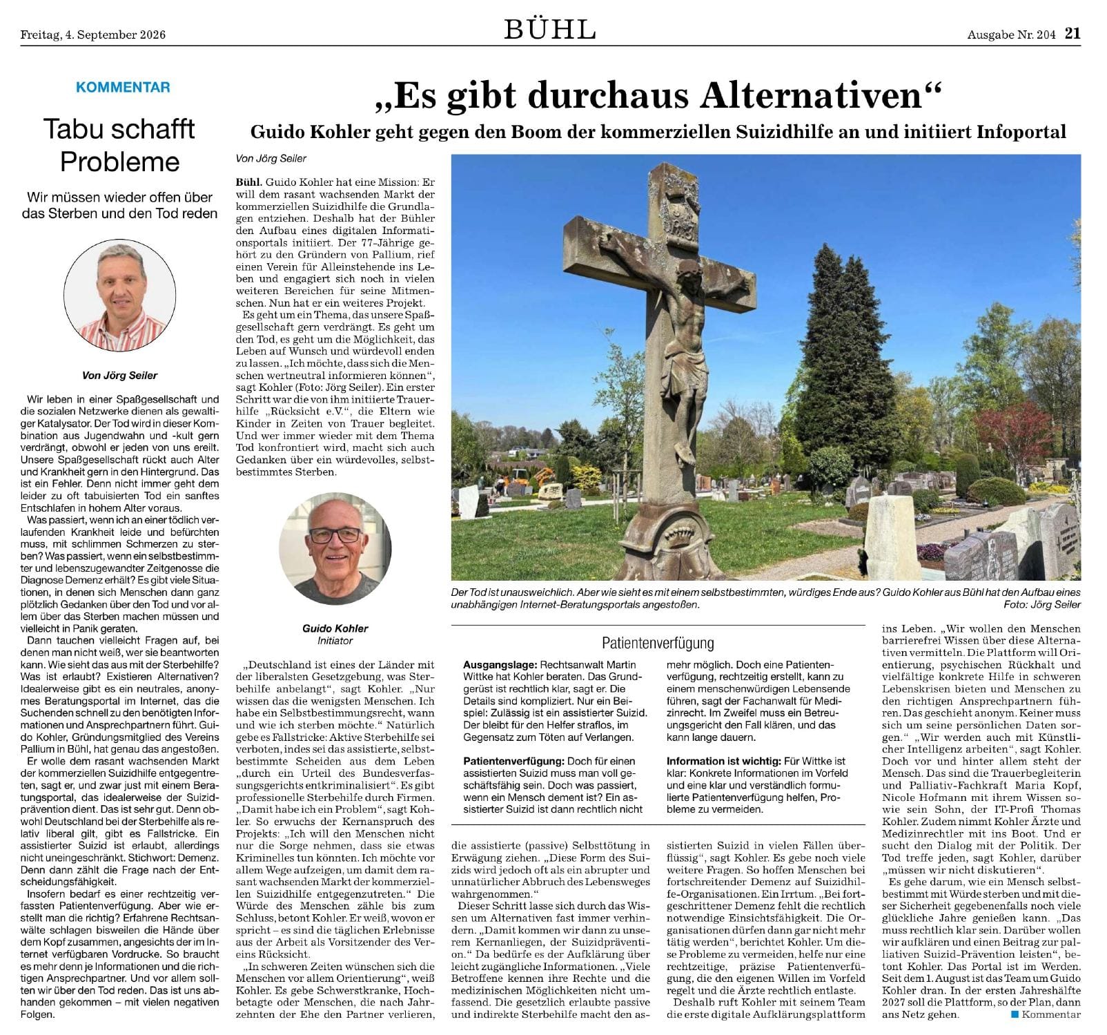 Zeitungsausschnitt: Artikel „Es gibt durchaus Alternativen“ im Acher- und Bühler Boten vom 4. September 2026 mit dem Kommentar „Tabu schafft Probleme“